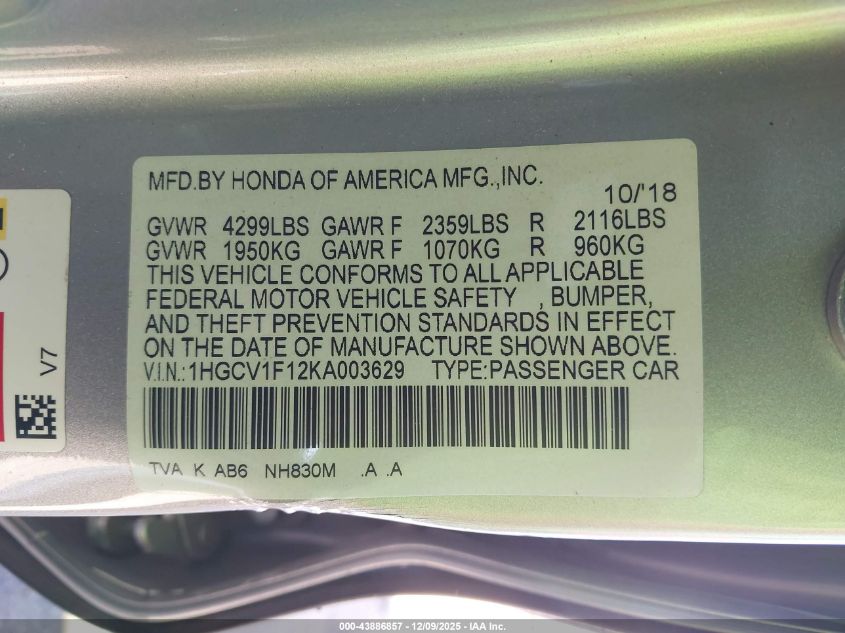 2019 Honda Accord Lx VIN: 1HGCV1F12KA003629 Lot: 43886857