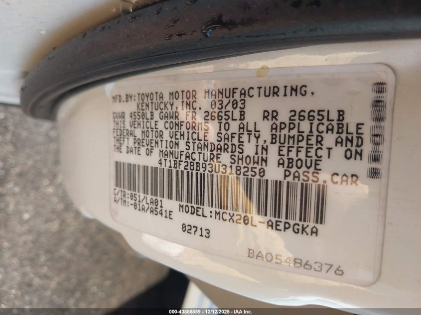 2003 Toyota Avalon Xls VIN: 4T1BF28B93U318250 Lot: 43886859