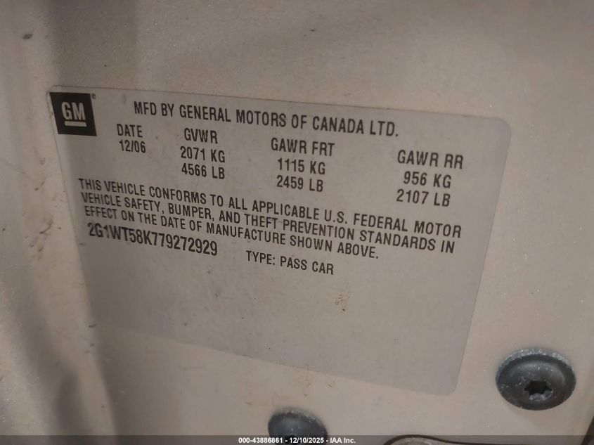 2007 Chevrolet Impala Lt VIN: 2G1WT58K779272929 Lot: 43886861