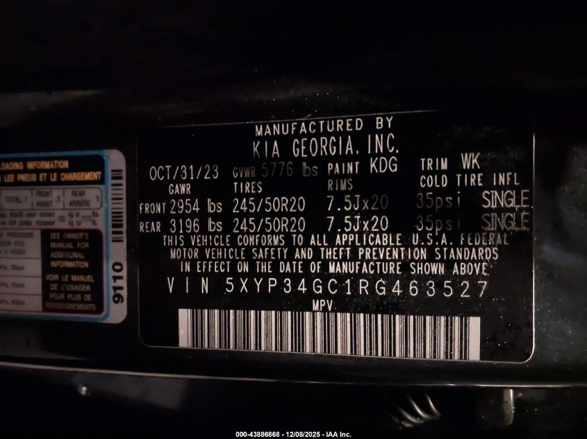 2024 Kia Telluride Ex VIN: 5XYP34GC1RG463527 Lot: 43886868