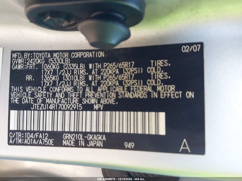 2007 Toyota 4Runner Sr5 V6 VIN: JTEZU14R170092915 Lot: 43886870