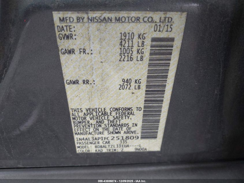 2015 Nissan Altima 2.5 Sl VIN: 1N4AL3AP1FC251809 Lot: 43886874