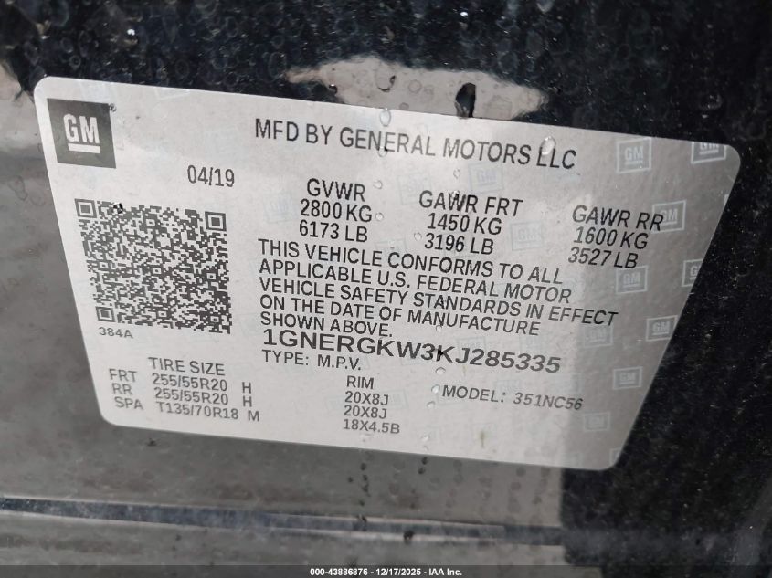 2019 Chevrolet Traverse 1Lt VIN: 1GNERGKW3KJ285335 Lot: 43886876