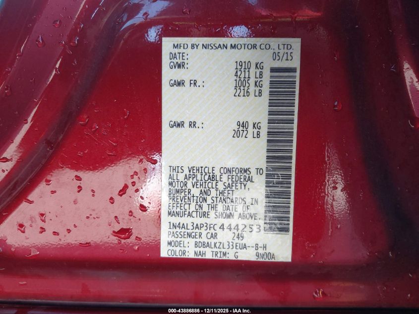 2015 Nissan Altima 2.5 Sv VIN: 1N4AL3AP3FC444253 Lot: 43886886