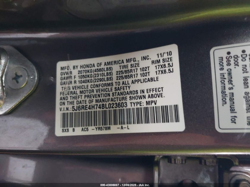 2011 Honda Cr-V Ex-L VIN: 5J6RE4H74BL023603 Lot: 43886887