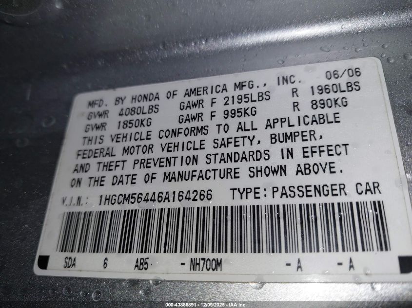 2006 Honda Accord 2.4 Lx VIN: 1HGCM56446A164266 Lot: 43886891