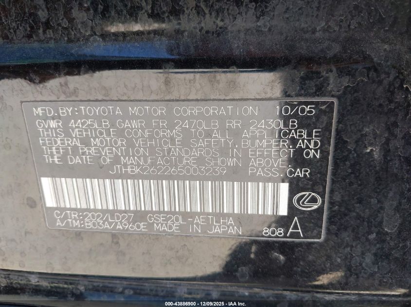 2006 Lexus Is 250 VIN: JTHBK262265003239 Lot: 43886900