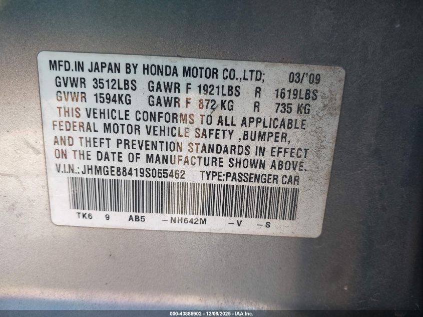 2009 Honda Fit Sport VIN: JHMGE88419S065462 Lot: 43886902