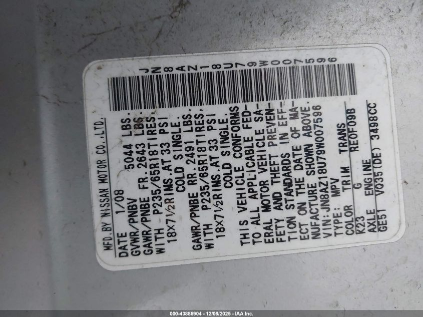 2009 Nissan Murano Sl VIN: JN8AZ18U79W007596 Lot: 43886904