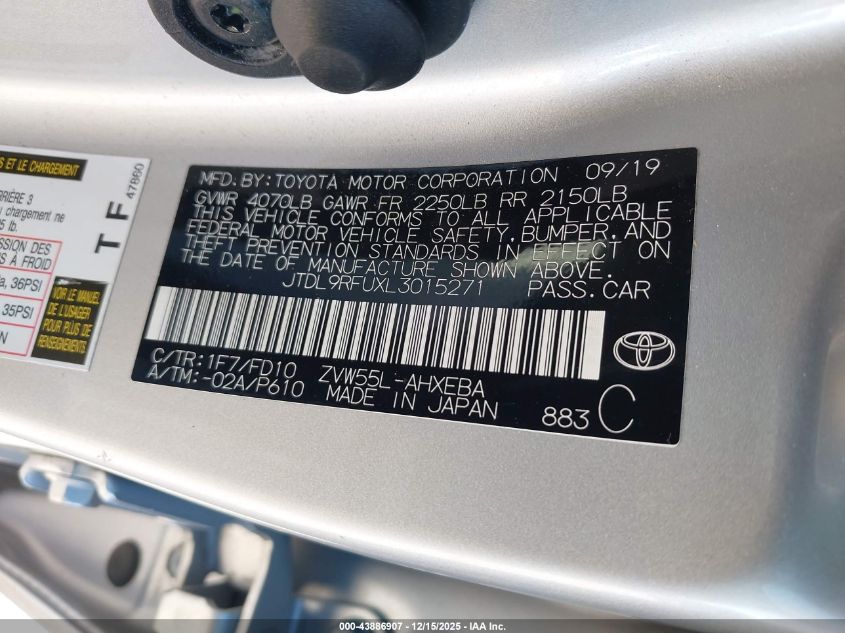 2020 Toyota Prius Le Awd-E VIN: JTDL9RFUXL3015271 Lot: 43886907