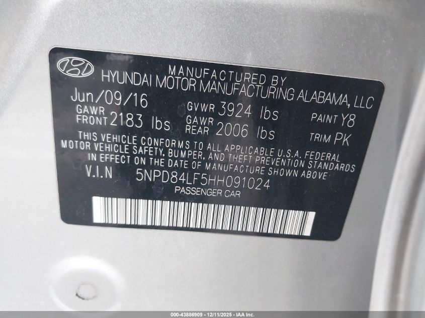 2017 Hyundai Elantra Se VIN: 5NPD84LF5HH091024 Lot: 43886909