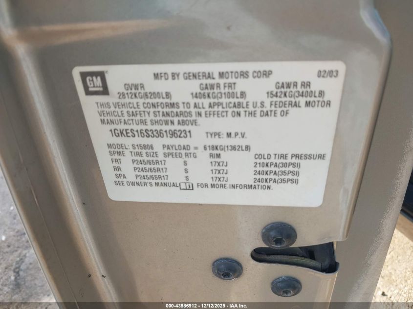 2003 GMC Envoy Xl Sle VIN: 1GKES16S336196231 Lot: 43886912