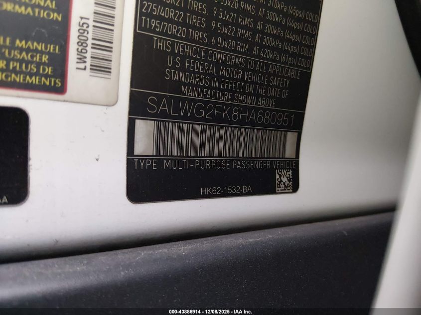 2017 Land Rover Range Rover Sport 3.0L V6 Turbocharged Diesel Se Td6 VIN: SALWG2FK8HA680951 Lot: 43886914