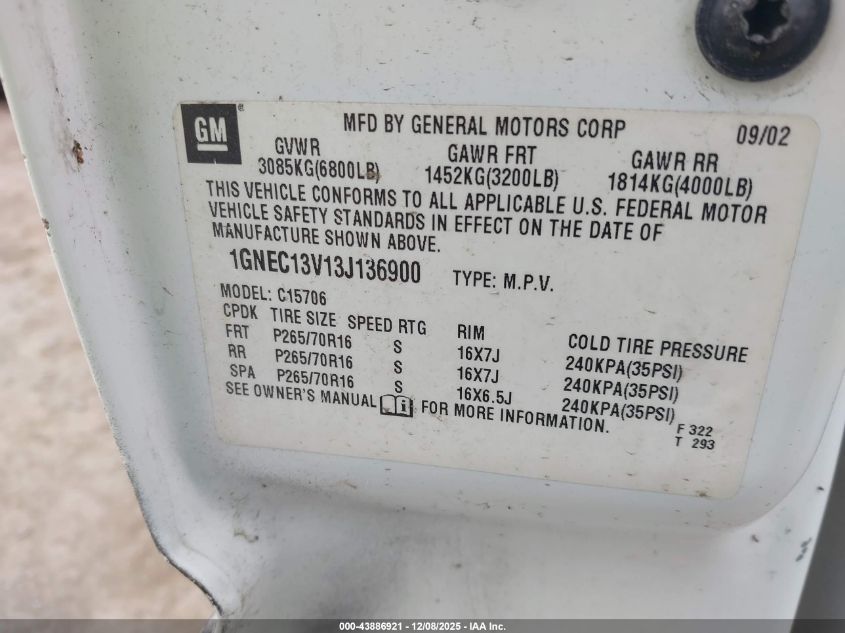 2003 Chevrolet Tahoe Ls VIN: 1GNEC13V13J136900 Lot: 43886921