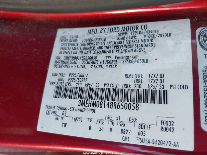 2008 Mercury Milan V6 Premier VIN: 3MEHM08148R650058 Lot: 43886922