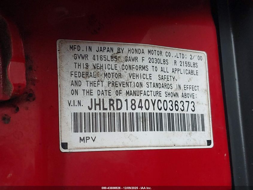 2000 Honda Cr-V Lx VIN: JHLRD1840YC036373 Lot: 43886926