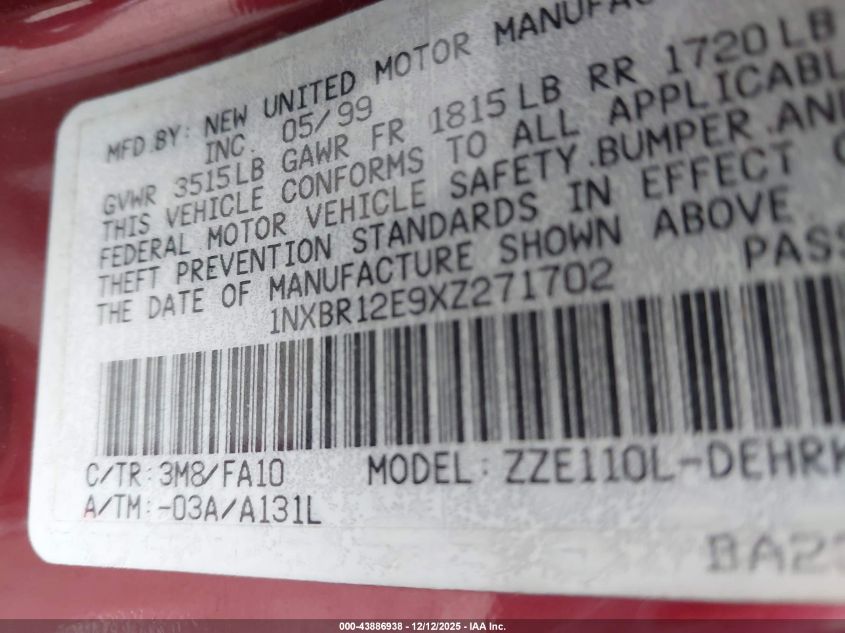 1999 Toyota Corolla Ve VIN: 1NXBR12E9XZ271702 Lot: 43886938