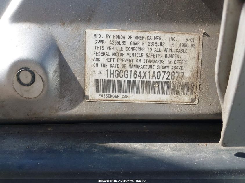 2001 Honda Accord 3.0 Lx VIN: 1HGCG164X1A072877 Lot: 43886946