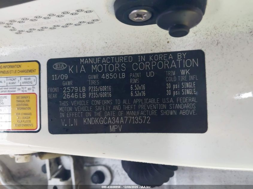 2010 Kia Sportage Lx V6 VIN: KNDKGCA34A7713572 Lot: 43886956