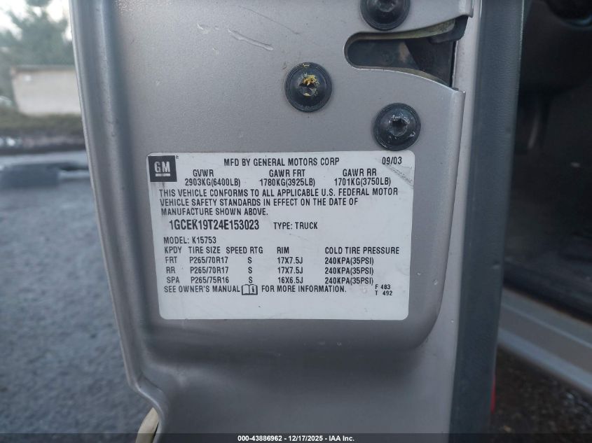 2004 Chevrolet Silverado 1500 Z71 VIN: 1GCEK19T24E153023 Lot: 43886962