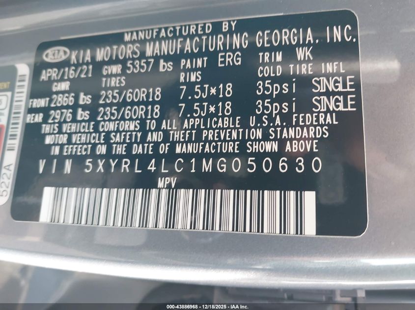 2021 Kia Sorento S VIN: 5XYRL4LC1MG050630 Lot: 43886968