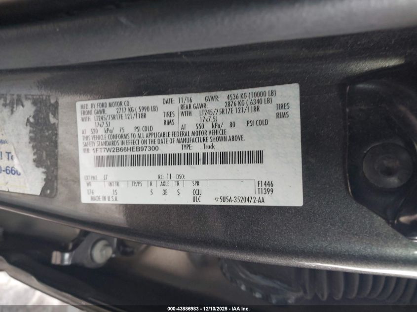 2017 Ford F-250 Xl VIN: 1FT7W2B66HEB97300 Lot: 43886983