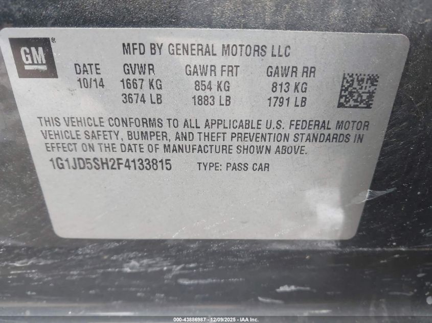 2015 Chevrolet Sonic Lt Manual VIN: 1G1JD5SH2F4133815 Lot: 43886987