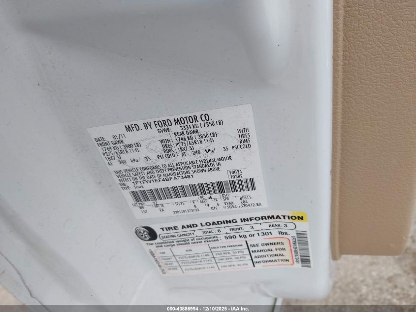 2011 Ford F-150 Lariat VIN: 1FTFW1EF4BFA73481 Lot: 43886994