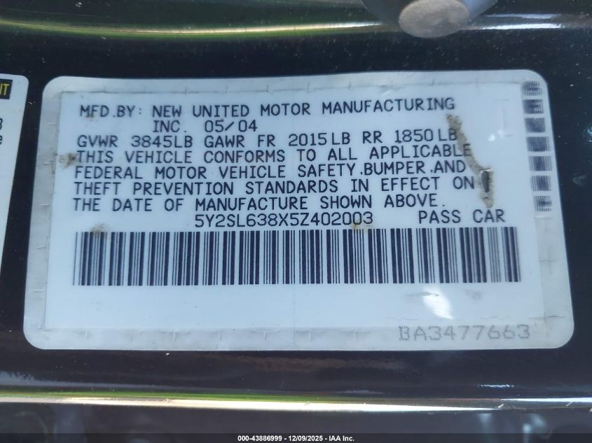 2005 Pontiac Vibe VIN: 5Y2SL638X5Z402003 Lot: 43886999