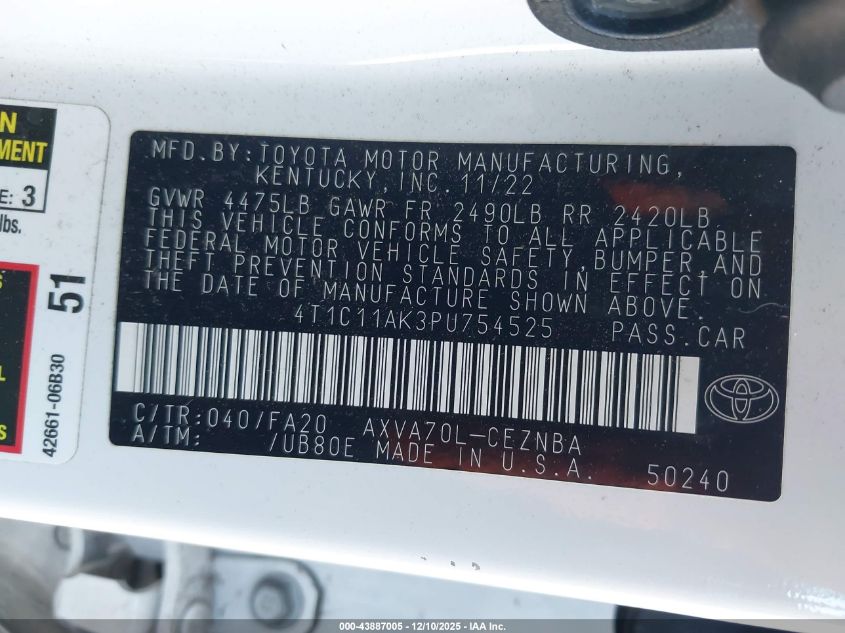 2023 Toyota Camry Le VIN: 4T1C11AK3PU754525 Lot: 43887005