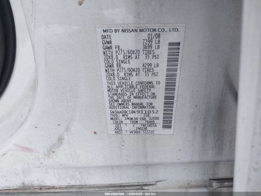 2008 Infiniti Qx56 VIN: 5N3AA08C18N911052 Lot: 43887009