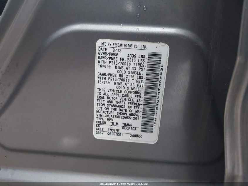 2013 Nissan Rogue S VIN: JN8AS5MT2DW551201 Lot: 43887011