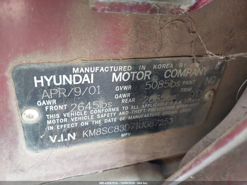 2001 Hyundai Santa Fe 2.7L V6 Gls/2.7L V6 Lx VIN: KM8SC83D71U087253 Lot: 43887010