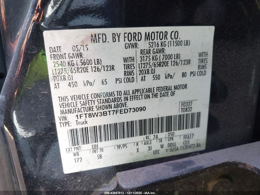 2015 Ford F-350 Lariat/Xl/Xlt VIN: 1FT8W3BT7FED73090 Lot: 43887012