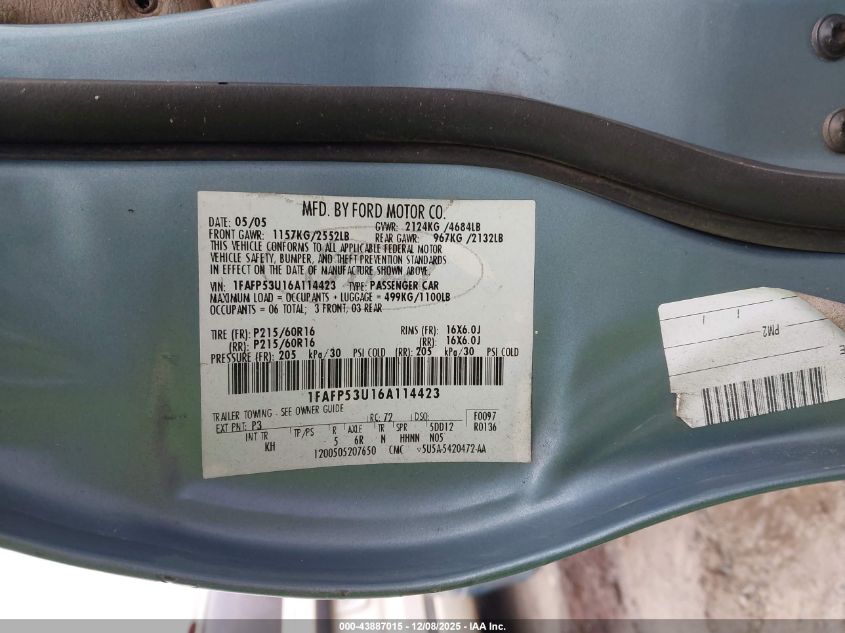 2006 Ford Taurus Se VIN: 1FAFP53U16A114423 Lot: 43887015