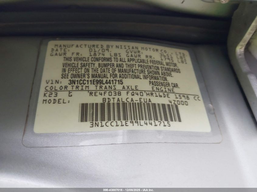 2009 Nissan Versa 1.6 VIN: 3N1CC11E99L441715 Lot: 43887016