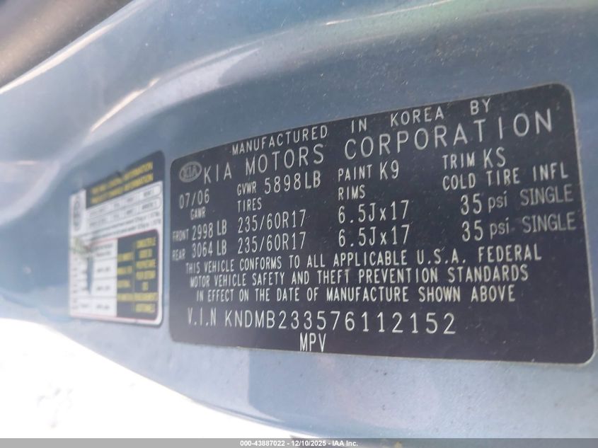 2007 Kia Sedona Ex VIN: KNDMB233576112152 Lot: 43887022