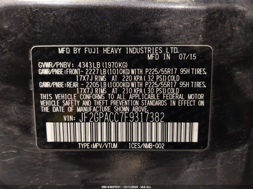 2015 Subaru Xv Crosstrek 2.0I Premium VIN: JF2GPACC7F9317382 Lot: 43887031