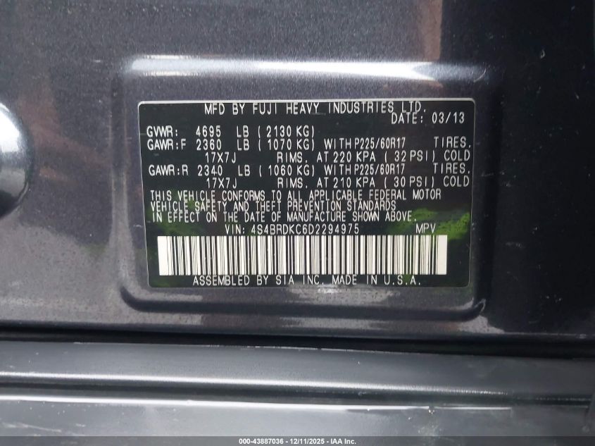 2013 Subaru Outback 3.6R Limited VIN: 4S4BRDKC6D2294975 Lot: 43887036