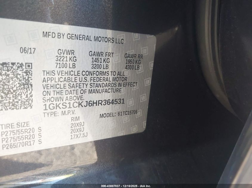 2017 GMC Yukon Denali VIN: 1GKS1CKJ6HR364531 Lot: 43887037