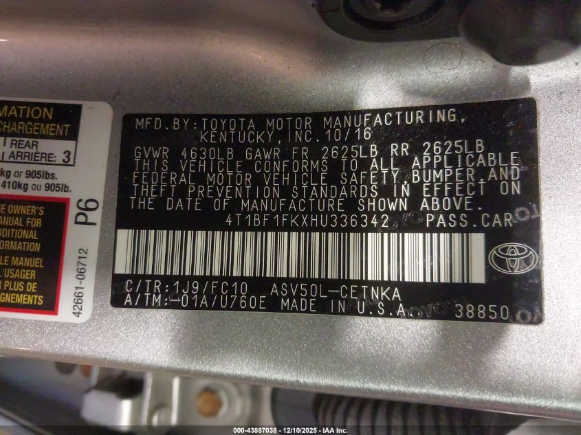 2017 Toyota Camry Le VIN: 4T1BF1FKXHU336342 Lot: 43887038