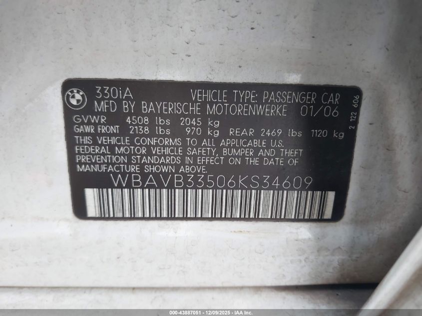 2006 BMW 330I VIN: WBAVB33506KS34609 Lot: 43887051