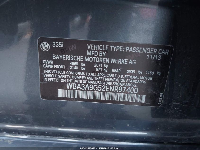 2014 BMW 335I VIN: WBA3A9G52ENR97400 Lot: 43887052