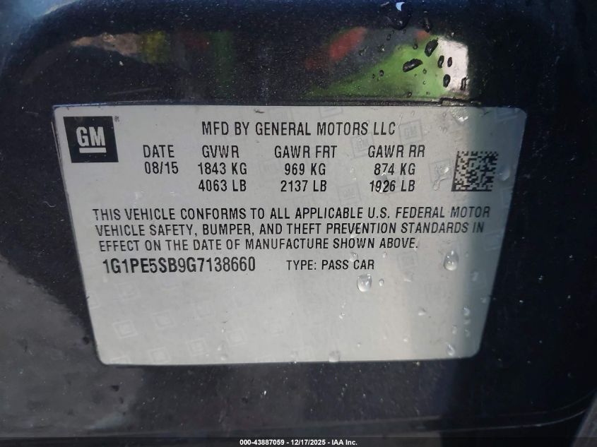 2016 Chevrolet Cruze Limited 1Lt Auto VIN: 1G1PE5SB9G7138660 Lot: 43887059