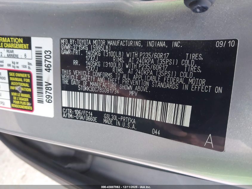 2011 Toyota Sienna Le V6 VIN: 5TDKK3DC7BS081734 Lot: 43887062