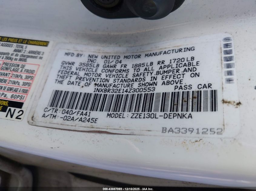 2004 Toyota Corolla Le VIN: 1NXBR32E14Z300553 Lot: 43887069