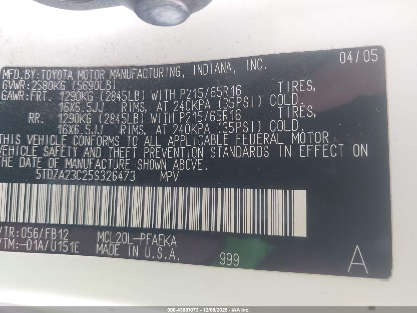 2005 Toyota Sienna Le VIN: 5TDZA23C25S326473 Lot: 43887073