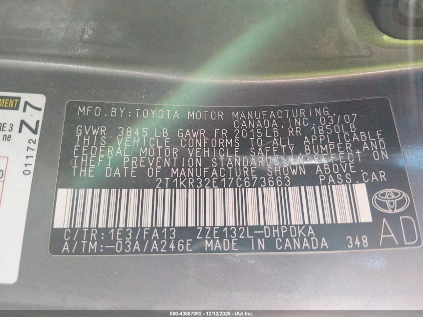 2007 Toyota Matrix VIN: 2T1KR32E17C673663 Lot: 43887092