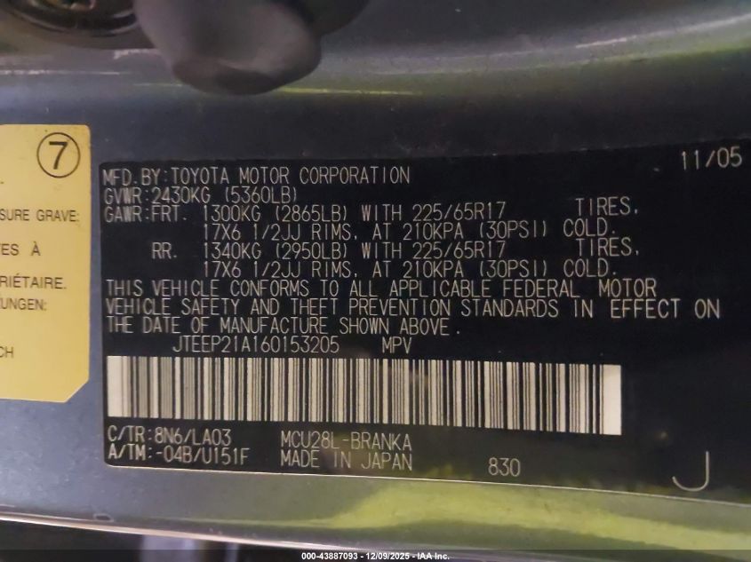 2006 Toyota Highlander Limited V6 VIN: JTEEP21A160153205 Lot: 43887093