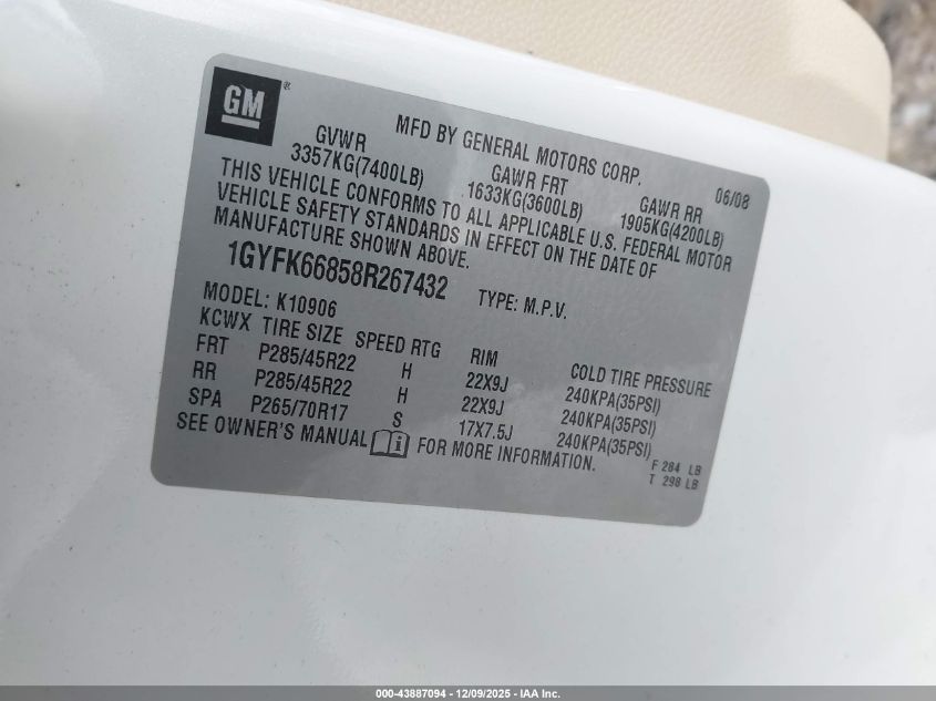 2008 Cadillac Escalade Esv Standard VIN: 1GYFK66858R267432 Lot: 43887094